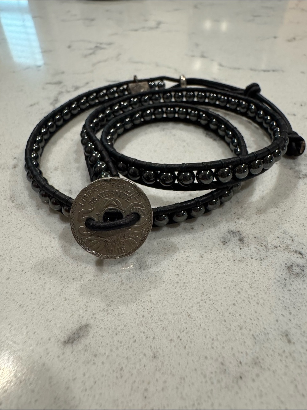 Handmade Leather Wrap Bracelet with Hematite Beads - Black